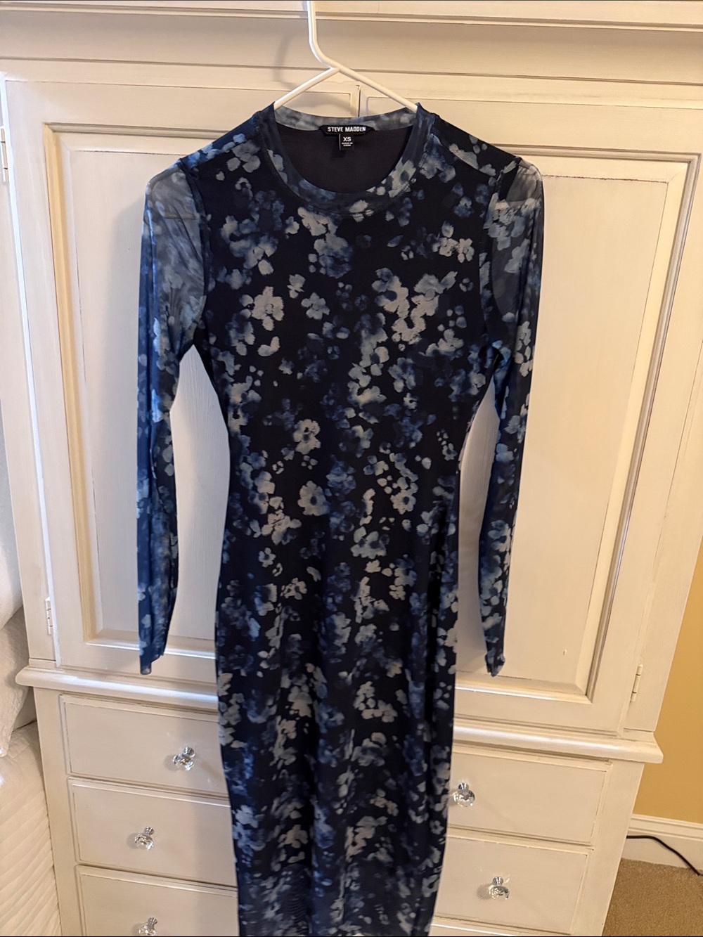 Steve Madden Blue Floral Mesh Long Sleeve Midi Dress XS